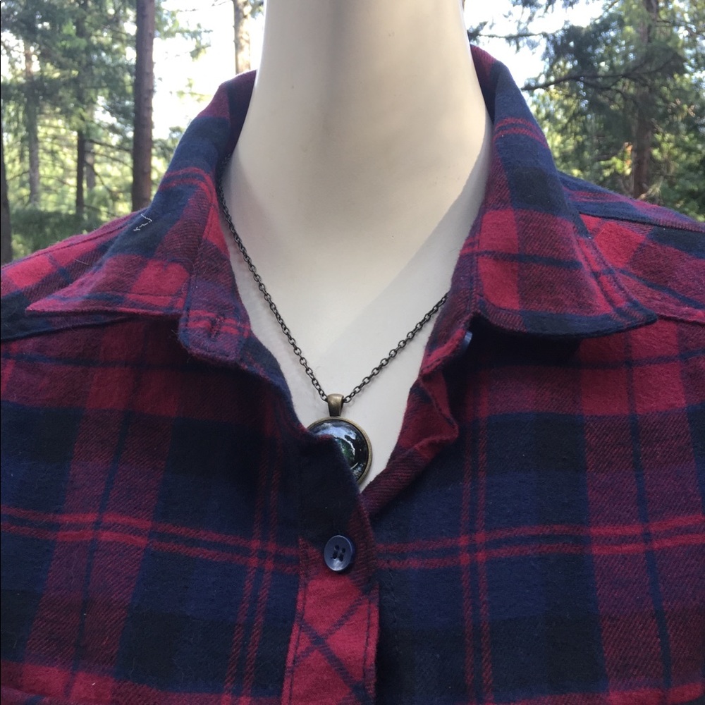 Kyoto klothing  burgundy plaid button down oversized flannel top pockets - Picture 2 of 14